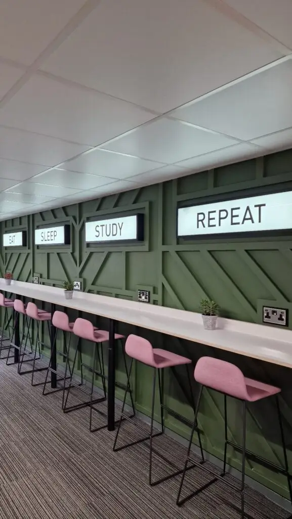 Painting and decorating in Nottingham: Modern office break room with a long white table, pink chairs, and a green accent wall