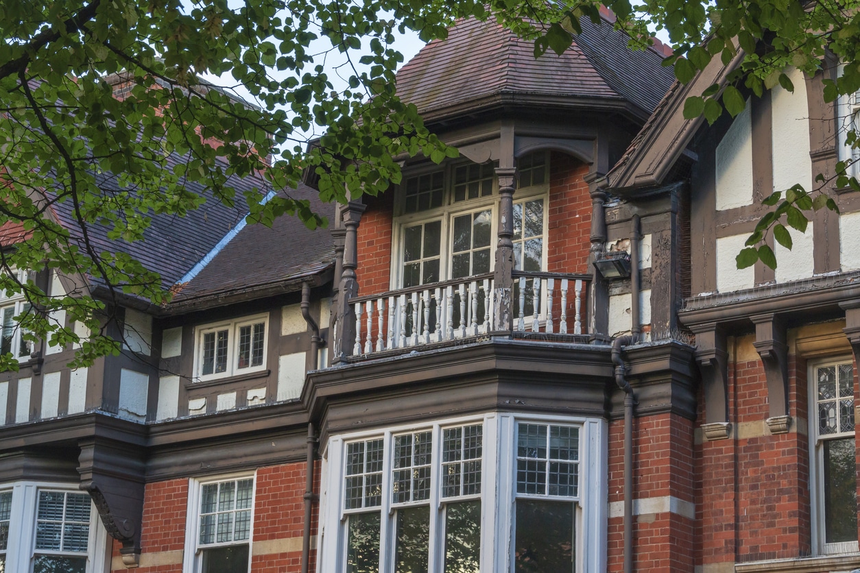 New Walk, Leicester, England - September 23, 2018: An image showing the upper section of Georgian Houses alongside New Walk, Leicester, England, UK