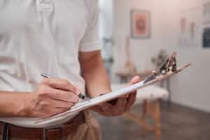 Decorator completing a quote for a customer on a clipboard